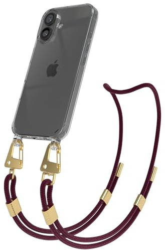 EAZY CASE - Handykette mit Karabiner kompatibel mit iPhone 16 - Hülle Silikonhülle Fallschutz transparente Handyhülle Kette zum Umhängen Schutzhülle in Beere - Clips Gold