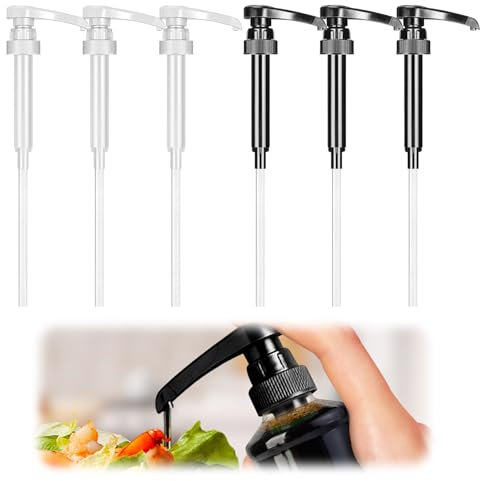 Yuqilin 6 Pièces Pompe Sirop,Réutilisable Pompe Doseuse, Quantitatif Tête de Pression de Sirop, avec Tuyau, pour Le Sirop de Confiture, Shampoing, Gel Douche, Lotion (Noir/Blanc)