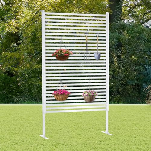 Twira Garten Sichtschutz mit Metallsockel, dekorativer freistehender Gartenzaun für den Außenbereich, 90 cm breit x 180 cm hoch, geeignet für Garten, Balkon, Terrasse und Hinterhof, Farbe: Weiß