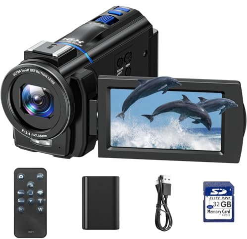 Videokamera 4K, 48MP Camcorder Vlogging Camera für YouTube, 16X Digitalzoom Nachtsicht Vlog Kamera, 3 270° drehbarer Touchscreen Webcam Video Camera 4K mit 32GB SD-Karte, Fülllicht, Fernbedienung