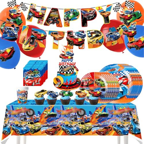 98 Stück Hot Wh-els Partygeschirr Set,Hot Wh-els Party Deko Geburtstag,Hot Wh-els Geburtstagsdeko,Hot Wh-els Servietten,Tischdecke,Pappteller,Hot Wh-els Luftballons,Geburtstag Deko MäDchen und Jungen