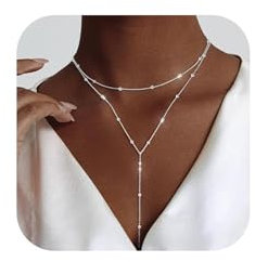 FAINCA ChaîNe Longue en Y Pour Femmes, Collana Multistrato, Collane Donna, Collana Personalizzata, con Scatola Portagioie, Set di Gioielli, Perfetto Come Regalo di Anniversario (Argento)