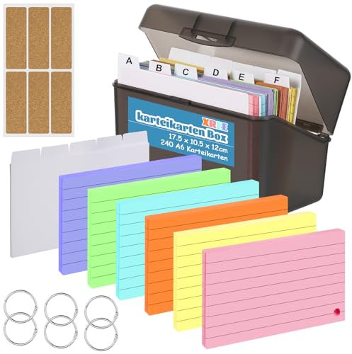 Index Card Box Set, A6 Plastic Flashcard Organiser Revision Cards Holder - 240 A6 Coloured Flash Cards 12 Card Dividers 6 Rings 2 Stickers 6 Labels and Box Set for Study Office School Supplies