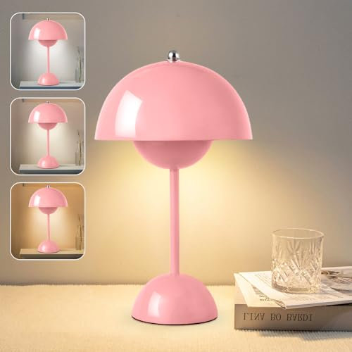 DASIAUTOEM Pilzlampen Tischlampe, LED Akku Tischlampe Kabellos, 3000k-6000k Moderne Aufladbar Touch Dimmbar Nachttischlampe mit 3 Helligkeitsmodi, Pilz Lampe für Schlafzimmer Wohnzimmer (Rosa)