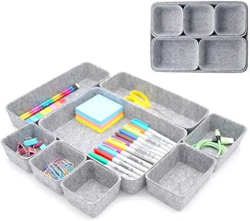 Desk Drawer Organiser Trays Set - Quiet Anti-Slip Felt Shallow Drawer Organisers Square Stackable Drawer Dividers for Makeup Jewelry, Sorting Storage Tray for Office Kitchen Bathroom Desk (grey)