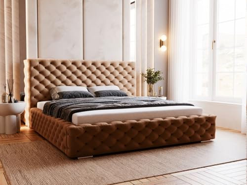 GRAINGOLD Astra Bett 140x200, Polsterbett mit Bettkasten, Polsterbett mit Stauraum, Samt, mit Lattenrost, mit Kopfteil, ohne Matratze (Braun, 140x200)