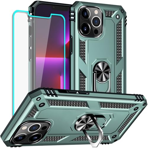 Yiakeng for iPhone 13 Pro Case with Screen Protector: Military Grade Protective Cases with Ring Holder Kickstand for - iPhone 13 Pro (Dark Green)