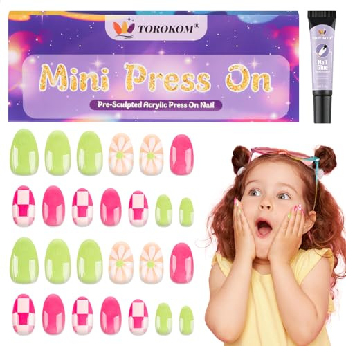 TOROKOM Uñas Postizas para Niñas con Pegamento – 26 Piezas Uñas Cortas Adhesivas – Kit de Manicura Infantil para Cumpleaños, Fiestas y Navidad (Flor rosa&verde)