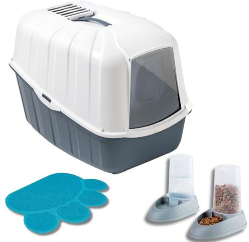 Pet's Market Toilette Lettiera Chiusa Komoda Gatto con 2 Ciotole e Tappetino Porta Basculante Paletta e Filtro al Carbone colori assortiti Alta Qualità 54X39X40H (Con 2 Dispenser e Tappetino)