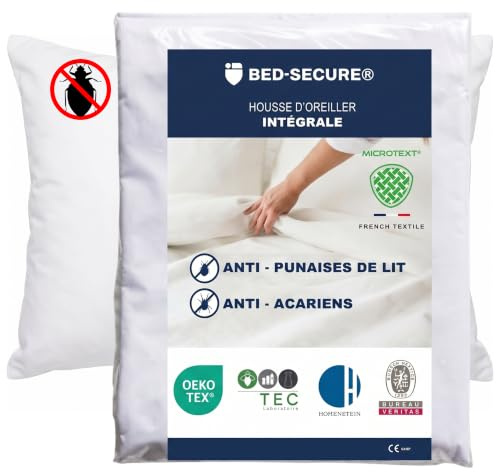 Housse Oreiller 65 x 65, Anti Punaise de Lit et Anti Acarien, Protection Intégrale Microtext®, Tissage 1016 Fils/cm² Certifiée ISO 21326:2019 et Oeko TEX