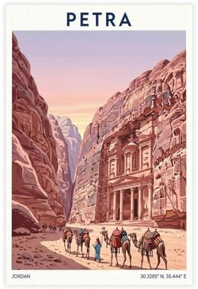 Petra, Jordanien Reiseposter – Vintage-Kunstdruck, Jordanische Illustration, Retro-Wandkunst, Dekor, Leinwand, Poster, Schlafzimmer, Dekoration, Landschaftsdekoration, Geschenk, 30 x 45 cm