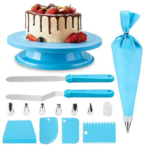 1 Stk Tortenplatte Drehbar, Torten Drehplatte Kuchenständer, Drehbarer Tortenständer, Kuchen Drehteller, Torten Zubehör, mit 2 Stk 10 Zoll Spateln, 4 Schabern, 8 Spritzbeuteln Spritzspitzen (Blau)
