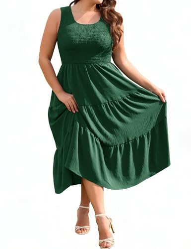 heekpek Robe Grande Taille Femme sans Manche Robe Ete Femme Mi Longue Fluide Chic et Elegant Col U A-Line Légère Robes à Poches, Vert foncé, 3XL