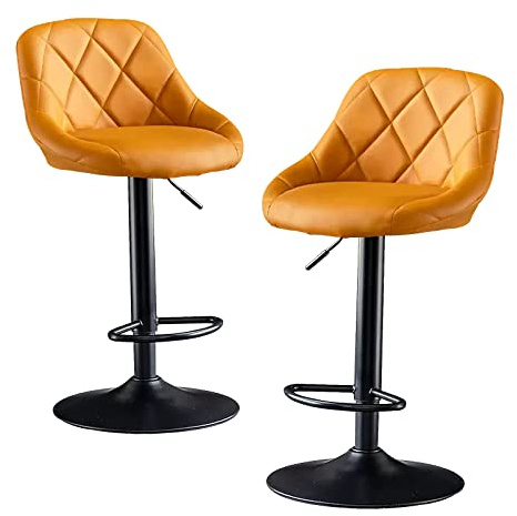 Guyifuny Barhocker, Kücheninselhocker, drehbar, Metall, 2er-Set mit Rückenlehne, verstellbar, PU-Leder, für Pubs und Restaurants, Gelb