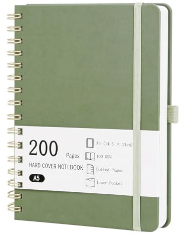 RITOLLO A5 Spiralnotizbuch, 200 Seiten, PU-Leder Hardcover, Blanko Seiten, Notizbuch ohne Linien für Zeichnen, Skizzieren & Notizen (Salbeigrün)