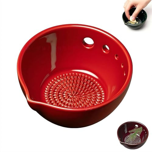 Grattugia per aglio in ceramica e ciotola per salsa - Ciotola 2-in-1 per erbe con beccuccio per separazione dei succhi, piatto elegante per zenzero, salsa, salsa per intingere, pesto