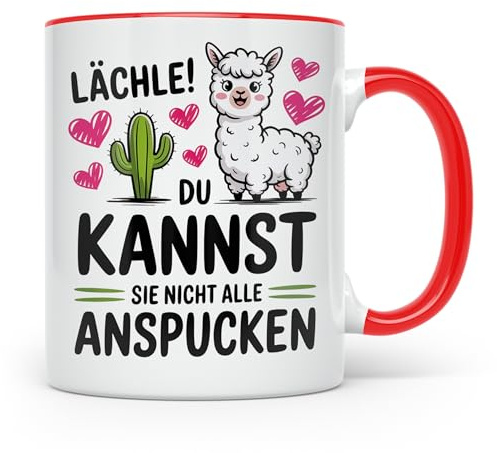 Lama Tasse - Lächle, du kannst sie nicht alle anspucken! Alpaka Humor Geschenkidee - Lustige Sprüche Kaffeetasse für Lama Liebhaber! (Rot)
