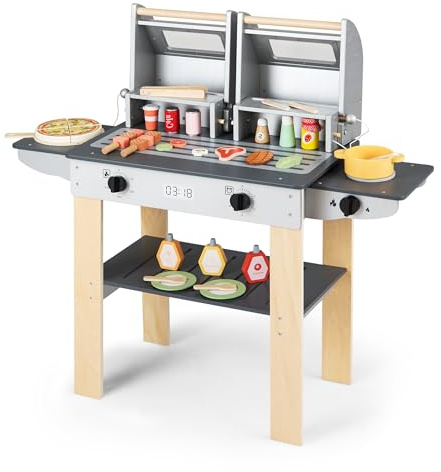 HOMASIS Kinder Grill Spielzeug aus Holz, BBQ Kindergrill-Spielset mit 2 Grillrosten, Verschlussdeckeln, Fenster, Drehknöpfe, Zubehör & Stauraum, Barbecue Küchenspielzubehör für Kinder ab 3 Jahren