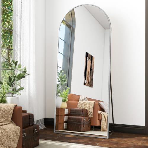 Koonmi Ganzkörperspiegel Bogen 170 x 70 cm Silber, Aluminiumrahmen | mit Ständer, zum Anlehnen oder Aufhängen, Aluminiumrahmen, Sicherheitsglas für Schlafraum, Ankleide, Wohnzimmer und Flur