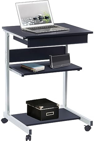 Rolling Laptop Cart with Storage, Portable Computer Desk, Rolling Cart Workstation, or Laptop Stand with Printer Shelf, Graphite Black