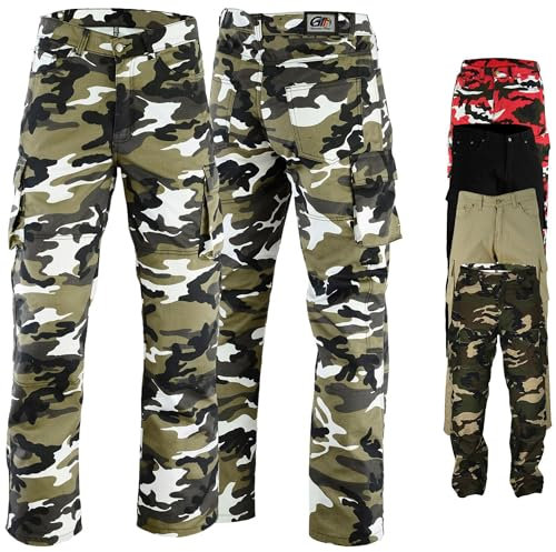 German Wear Motorradhose Herrren - Motorradjeans mit 2 CE-Protektoren - Bikerjeans Futter aus Aramid-Kevlar-Stoff verstärkt - Cargohose rutsch- & brandfeste Jeanshose mit 6 Taschen Camo - 42W / 34L