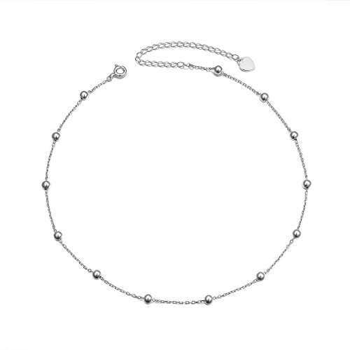 Flyow Ball Bead Choker Necklace S925 Sterling Silver for Women Teen Girls Satellite Beaded Adjustable Chain Layering Dainty Simple Chokers Rolo Chain