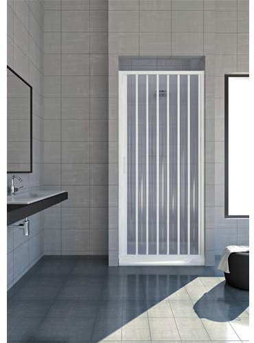 Cabina de ducha de 100 cm, modelo Giada, extensible de PVC, puerta única con paneles semitransparentes, apertura lateral con fuelle, color blanco.