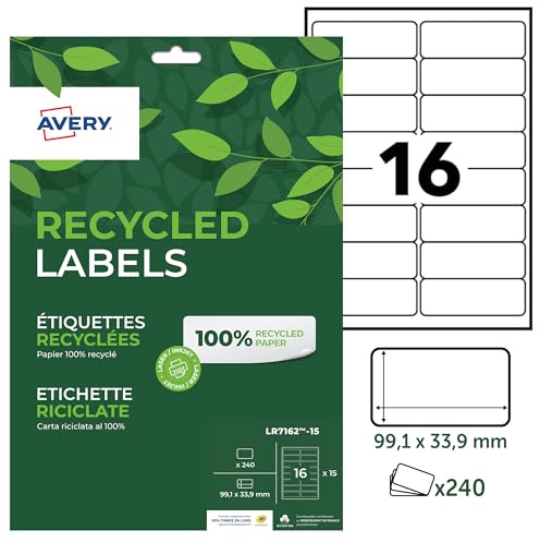 AVERY - 240 Étiquettes Autocollantes Blanches Personnalisables - 100% Recyclées - Format 99,1 x 33,9 mm - Impression Laser et Jet d'Encre