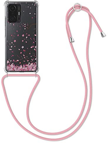 kwmobile Necklace Case kompatibel mit Xiaomi 11T / 11T Pro Hülle - Silikon Cover mit Handykette - Rosa Dunkelbraun Transparent Kirschblütenblätter