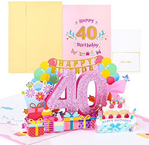 Joyoldelf 40. Geburtstagskarte, Pop Up Grußkarten, 3D Pop Up Karte Geburtstag Grußkarte, Geburtstagskarten mit Umschlag für Frauen Mütter Mädchen Männer Freunde Romantik Geschenk-Karte