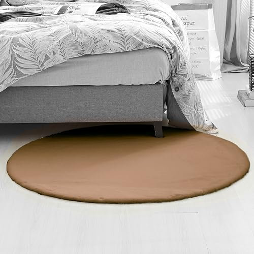 Teppich Wölkchen Fell Rund, Fellteppich Rund, Kunstfell Teppich Waschbar, Hasenfell, Kaninchenfell - Flauschiger Teppich Wohnzimmer, Bettvorleger Schlafzimmer - Braun - Rund 200cm