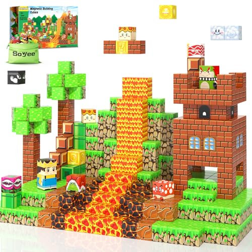 Soyee Magnetic Blocks - Build Mine Magnet World Kids Games Building Toys Kingdom & Lava World Adventure 1'' Magnetic Cubes STEM Toys Christmas Birthday Gifts for 3+ Years Old Boys Girls