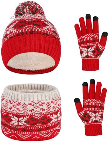 Waylipun Kinder Wintermütze Schal Handschuhe Set, 3 in 1 Warm Winte Strickmütze Kinder Mütze Set mit Plüsch Innenfutter für 2-7 Jahre Kinder Jungen Mädchen (Christmas Rot)