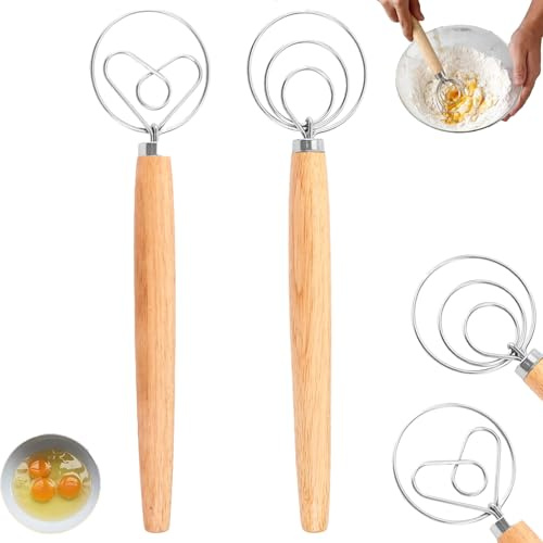 2 Stück Dänischer Schneebesen, Dänischer Teigbesen, Edelstahl Spiralbesen, Teigrührer mit Holzgriff, Danish Dough Whisk, Brotteig Schneebesen Mixer für Backen Brot Gebäck Dessert Pizzateig