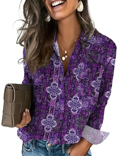HOTOUCH Womens Button Down Shirt Business Casual Boho Long Sleeve Blouse