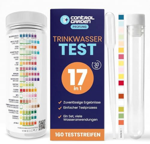 Control Garden - Test acqua potabile 17 in 1, 160 strisce reattive, analisi completa del pH, durezza, cloro, metalli pesanti e altro ancora, risultati in 30 secondi, kit professionale per acqua di
