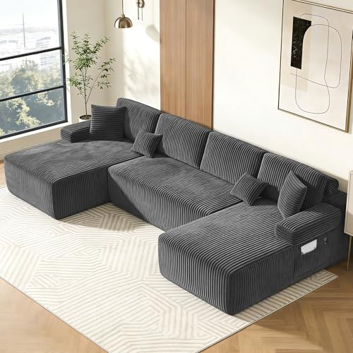 DURASPACE Canapé U 320cm 6pl Velours côtelé Mousse mémoire Gris | Canapé modulable compressé sans ossature, montage sans effort, grand canapé 6 places adapté au salon