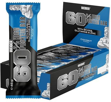 Weider 60% Proteinriegel, 24er Pack, Kokosnuss | Hochproteinhaltiger Riegel, 27g Protein, Wenig Zucker, BCAAs & Zink, Ideal für Muskelwachstum