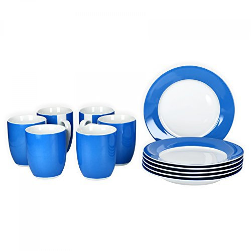 van Well Vario Frühstücksset 12-teilig Kombi-Service 6 Personen - Geschirr-Set Kaffee, Frühstück & Tafel - je 6 kleine, flache Frühstücksteller & Kaffeebecher aus Porzellan - Blau