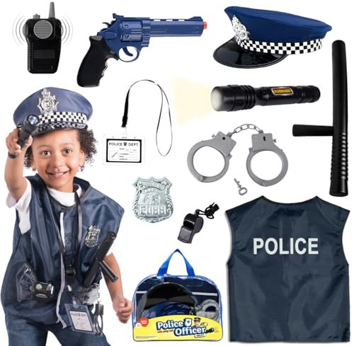 Born Toys 12 Pezzi Costume Polizia per Bambini con Kit di Giochi di Ruolo Giocattolo con Badge Polizia , Manette , Torcia per Bambini per Costume da Poliziotto