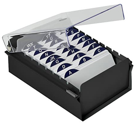 Acrimet 3'' X 5'' Card File Holder Organizer Box Metal Base Heavy Duty (AZ Index Cards 130mm width x 90mm height and Divider Included) (Black Color with Clear Crystal Plastic Lid Cover)