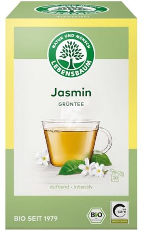 LEBENSBAUM Tee Jasmintee, Bio-Tee mit frischen Jasminblüten, Grüntee Beutel, 100% natürlicher Geschmack, 20 Teebeutel à 1,5 g