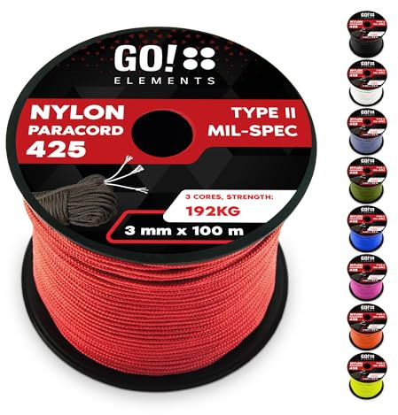 GO!elements 100m Paracord Seil aus reißfestem Nylon - 3mm Paracord 425 Typ II max. 192kg - Schnüre als Outdoor Seil, Allzweckseil, Survival Seil, Armband, Hundeleine, Nylonschnur, Farbe: Rot