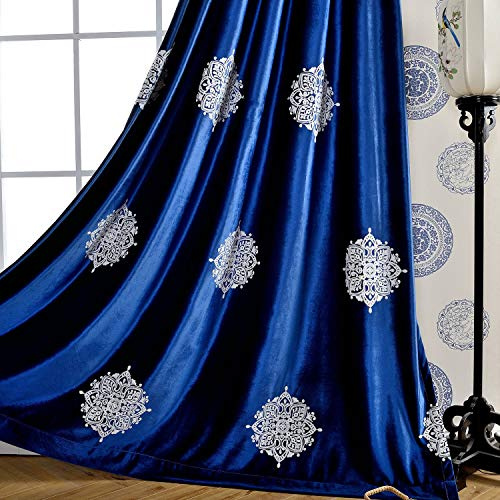 VOGOL Verdunkelungsvorhänge, 213 cm lang, für Schlafzimmer, weiße Blumen, Bestickt, Raumverdunkelung, Fenstervorhänge für Wohnzimmer, 132 x 213 cm, 2 Paneele, dunkelblau