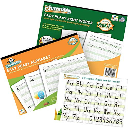 Channie’s Easy Peasy Alphabet & Sight Words Workbooks. 2 Pack. Visual Blocks Improve Neat Writing! Pre-K - 1st, Size 8.5” x 11” Summer School, Summer Bridge