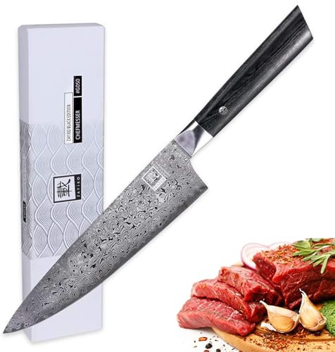 zayiko Black Edition Damastmesser Gyuto I 20 cm Klinge aus 67 Lagen VG10 Damaststahl I Ergonomischer Pakkaholzgriff I Profi Küchenmesser für Fleisch, Fisch & Gemüse I In edler Geschenkbox