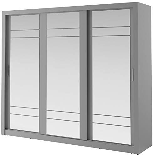 Furniture24 Schwebetürenschrank Kleiderschrank AR-02 ARTI Garderobenschrank Schiebtür Schiebeschrank mit Spiegel (Grau Matt)