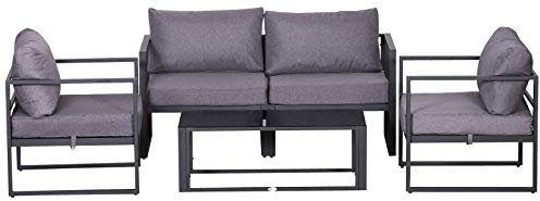 Outsunny Vierteiliges Gartenmöbel Set, Sitzgruppe, Sofa mit Sitzkissen, Tisch mit Stauraum, Polyester, Grau, 138 x 69 x 63 cm
