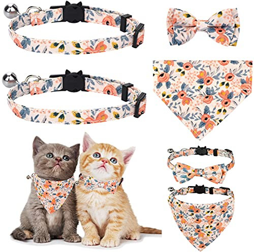 2 Stück/Sets Katzenhalsbänder mit Glocken Abnehmbare Fliege Bandana, 2 Haustierhalsbänder + 1 Hundehalsband + 1 Schleife, Kätzchenhalsband Katzenbandana Hundefliege(Rosa Bandana + rosa Fliege)