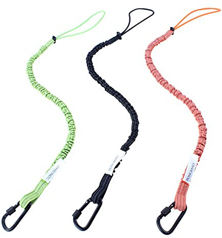 3 Pack Retractable Tool Lanyard, Safety Fall Protection Tools Leash with Aluminum Screw Lock Carabiner Clip and Adjustable Loop End, Tough Scaffold Tether for Construction Roofing (Black+Orange+Green)